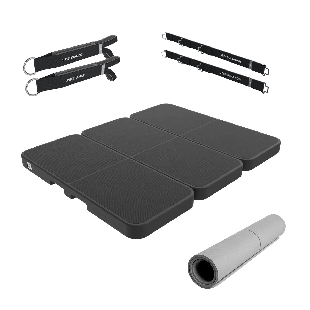 Speediance Pilates Kit components: foldable mat, ankle straps and attachment straps