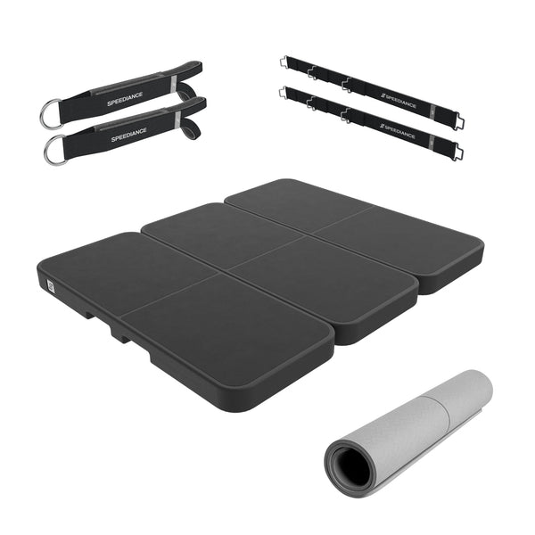 Speediance Pilates Kit components: foldable mat, ankle straps and attachment straps