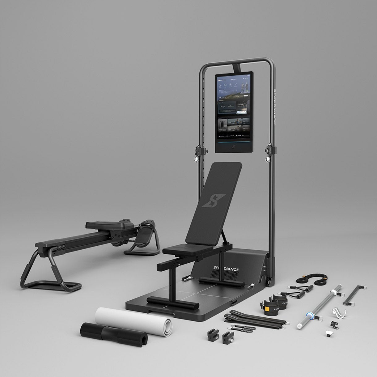 Speediance Gym Monster 3 Station: machine, platform, incline bench and AeroRow rowing bench