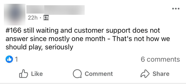 Screenshot of a post in the Facebook group Official Innodigym Community, October 2026. It reads: #166 still waiting and customer support does not answer since mostly one month ...