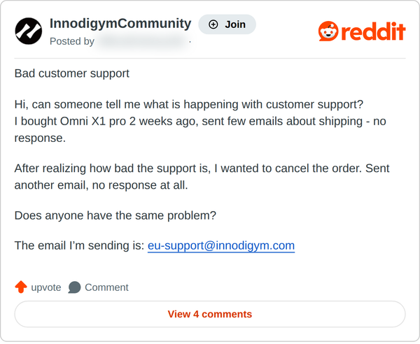 Screenshot of a Reddit post, October 2026. It reads, in part: After realizing how bad the support is, I wanted to cancel the order. Sent another email, no response at all.