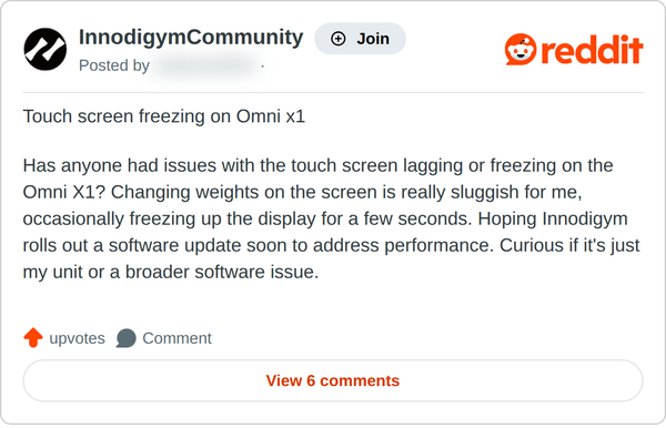 Screenshot of a Reddit post, September 2026. It reads, in part: Changing weights on the screen is really sluggish for me, occasionally freezing up the display for a few seconds.