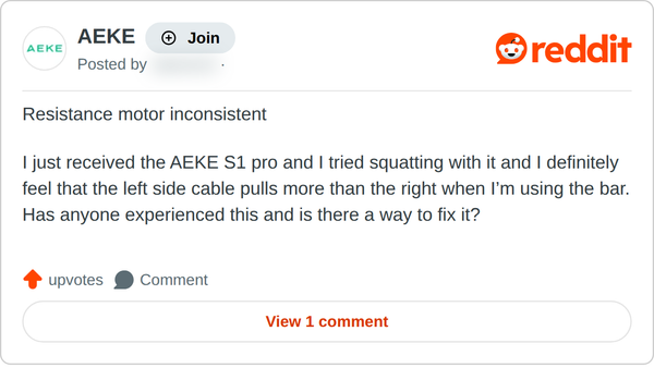 Screenshot of a Reddit post titled Resistance motor inconsistent, August 2026. The owner writes that with the bar, the left side cable feels stronger than the right, and asks how to fix it.